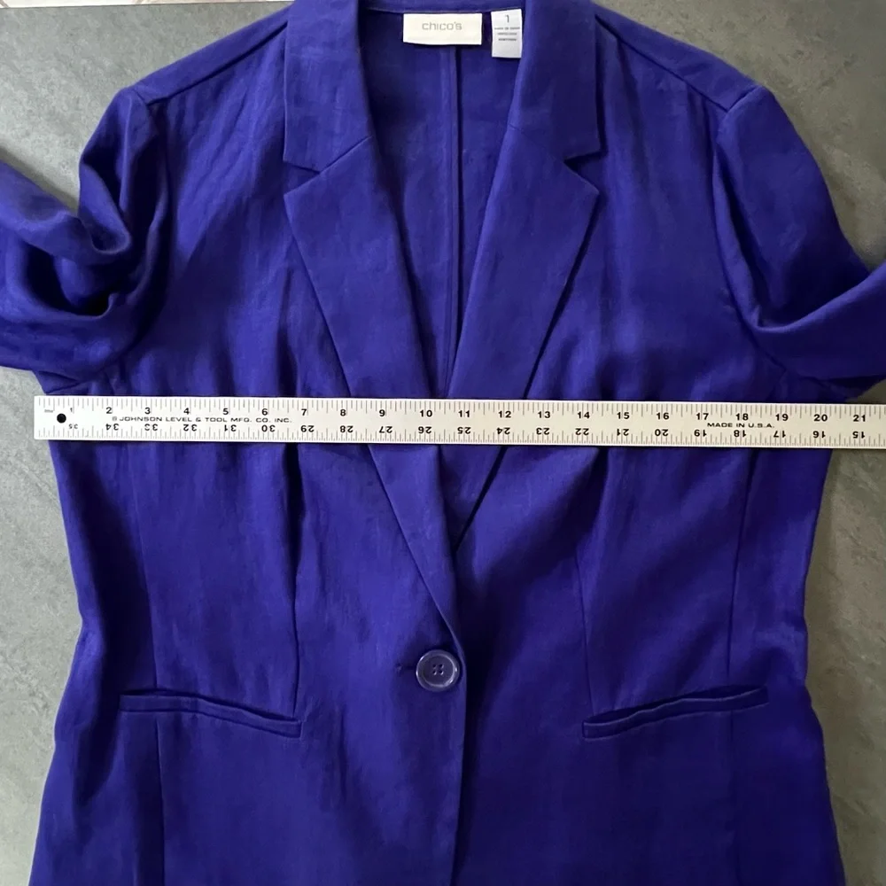 Chico’s Blazer Jacket Size 1 Medium 8‎ Blue Purple 100% Linen Jacket 3/4 Sleeve